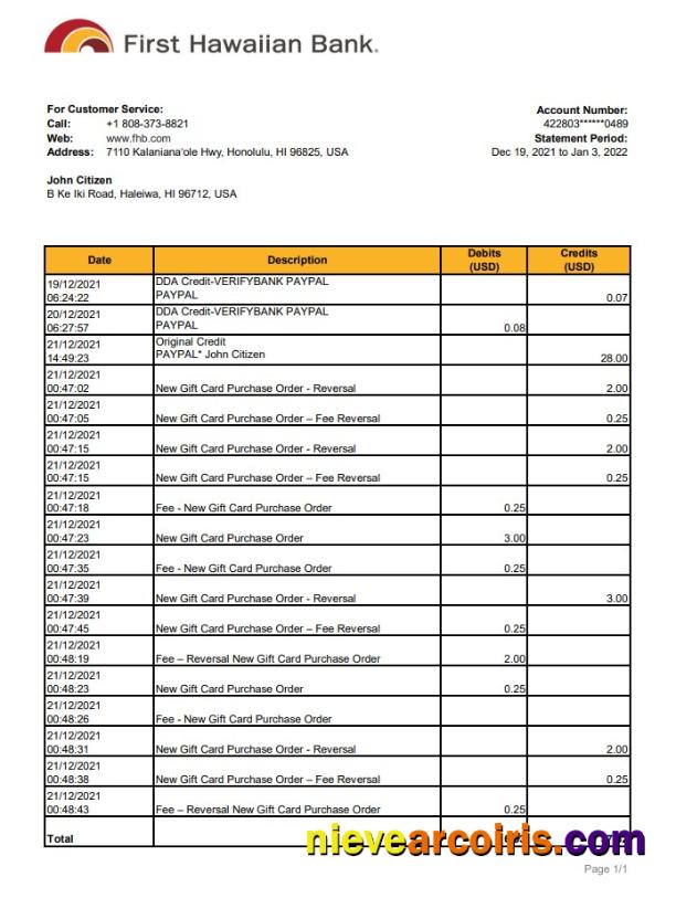 Hawaii First Hawaiian Bank statement